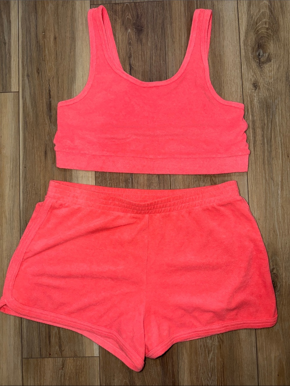 Aerie OFFLINE XL Neon Coral Pink Lounge CropTop and Shorts Set Terry Cloth PJ’s?